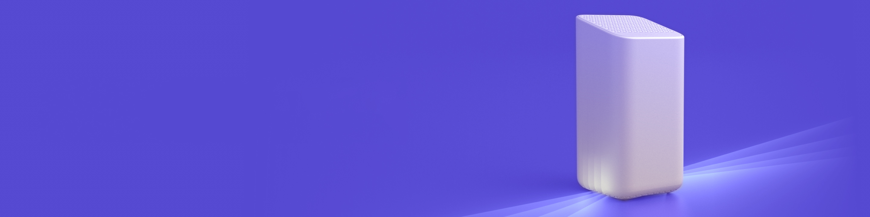 A white modem on a purple background with rays coming out of it.